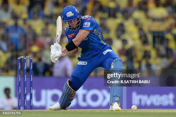 Mumbai Indians' Tristan Stubbs plays a shot during the Indian Premier League Twenty20 cricket match between Chennai Super Kings and Mumbai Indians at...