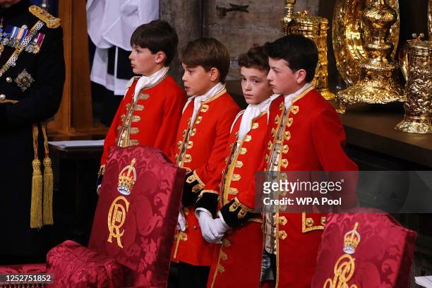 Prince George with his fellow pageboys during the Coronation of King Charles III and Queen Camilla on May 6, 2023 in London, England. The Coronation...