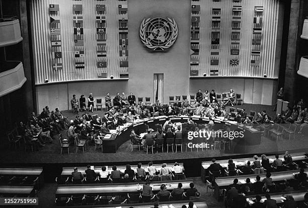 An interior view taken on September 16, 1948 at the Palais de Chaillot in Paris of the Security Council of the United Nations Assembly. Presided over...