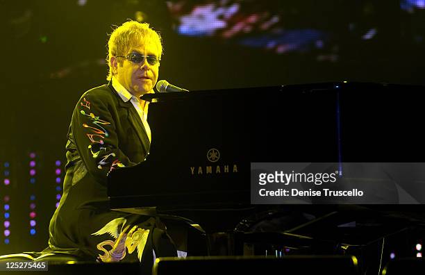 Musician Elton John performs onstage during the Andre Agassi Foundation for Education's 15th Grand Slam for Children benefit concert at the Wynn Las...