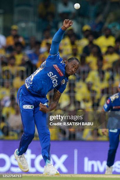Mumbai Indians' Jofra Archer delivers a ball during the Indian Premier League Twenty20 cricket match between Chennai Super Kings and Mumbai Indians...