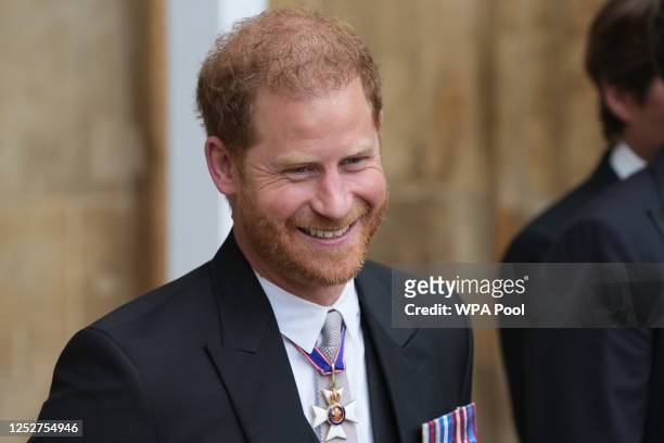 Prince Harry leaves after the Coronation of King Charles III and Queen Camilla on May 6, 2023 in London, England. The Coronation of Charles III and...
