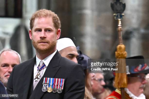Prince Harry, Duke of Sussex attends the Coronation of King Charles III and Queen Camilla on May 6, 2023 in London, England. The Coronation of...