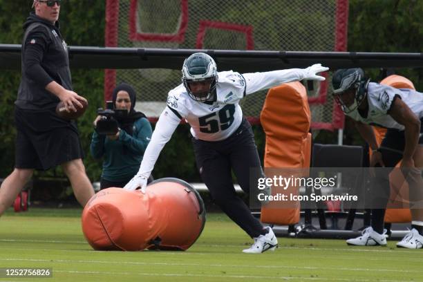 Philadelphia Eagles defensive end Tyluan Garbutt warms up during Philadelphia Eagles rookie mini training camp on May 5, 2023 at the Novacare...