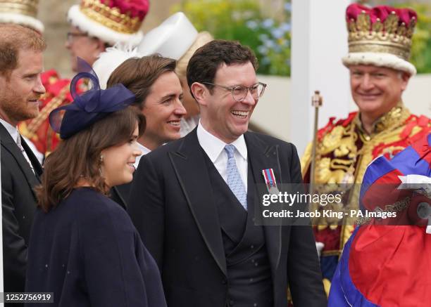 The Duke of Sussex , Princess Eugenie and Jack Brooksbank leaving Westminster Abbey in central London following the coronation of King Charles III...