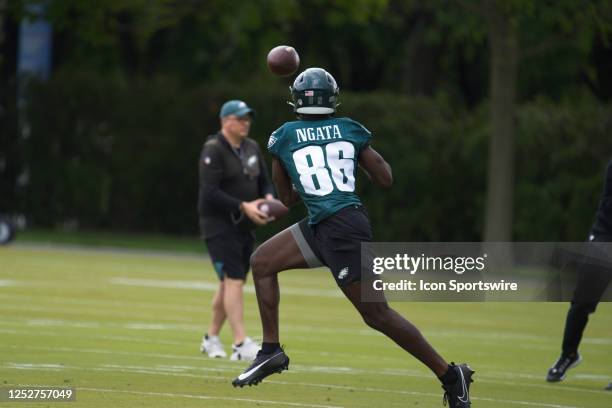 Philadelphia Eagles wide receiver Joseph Ngata warms up during Philadelphia Eagles rookie mini training camp on May 5, 2023 at the Novacare Training...