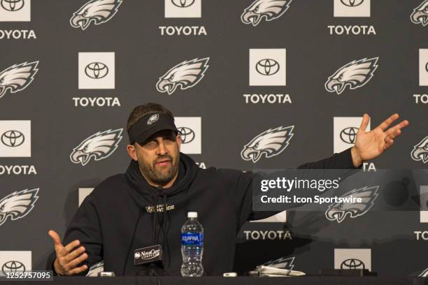 Philadelphia Eagles head coach Nick Sirianni gives an interview during Philadelphia Eagles rookie mini training camp on May 5, 2023 at the Novacare...