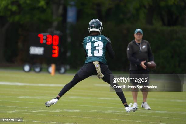 Philadelphia Eagles wide receiver Charleston Rambo warms up during Philadelphia Eagles rookie mini training camp on May 5, 2023 at the Novacare...