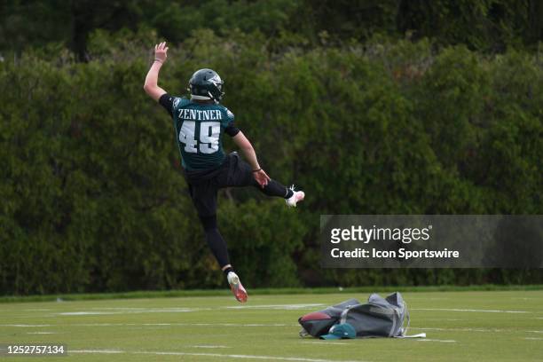 Philadelphia Eagles kicker Ty Zentner warms up during Philadelphia Eagles rookie mini training camp on May 5, 2023 at the Novacare Training Complex...