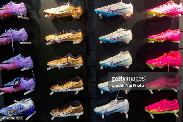 Nike football shoes are seen in a store in Krakow, Poland on May 6, 2023.
