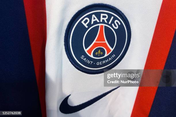 Paris Saint-Germain logo is seen on a Nike football jersey in this illustration photo taken in a store in Krakow, Poland on May 6, 2023.