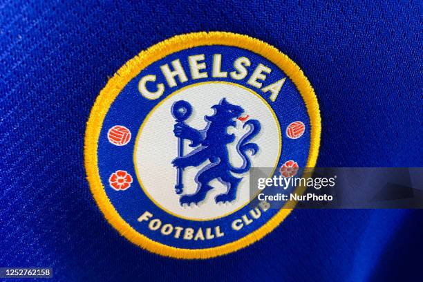 Chelsea F.C. Logo is seen on a football jersey in this illustration photo taken in a store in Krakow, Poland on May 6, 2023.