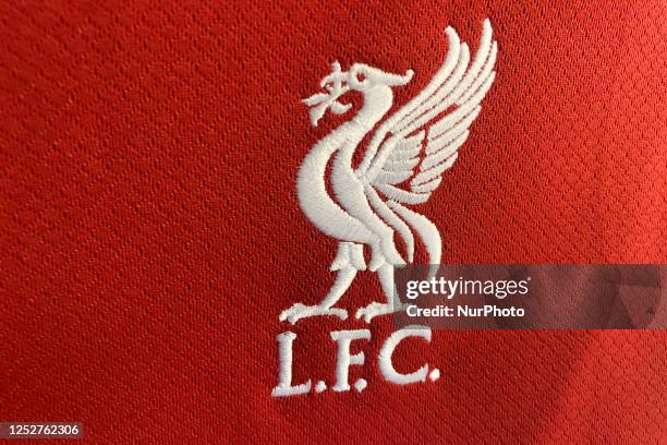 Liverpool F.C. Logo is seen on a football jersey in this illustration photo taken in a store in Krakow, Poland on May 6, 2023.