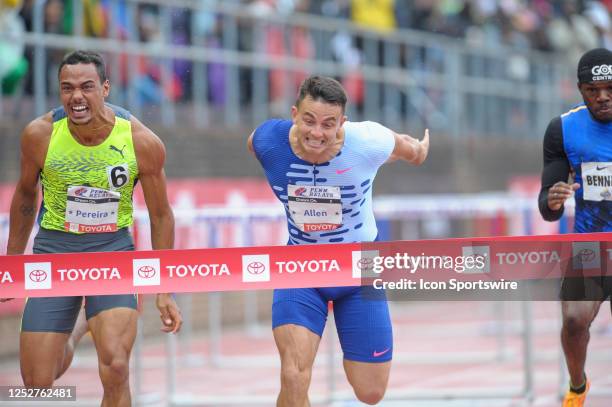 Philadelphia Eagles wide receiver Devon Allen wins the Olympic Development 110 meter hurdles race beating Rafael Pereira of Brazil by .002 seconds...