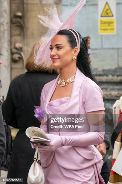 Katy Perry leaves Westminster Abbey following the coronation ceremony of King Charles III and Queen Camilla on May 6, 2023 in London, England. The...