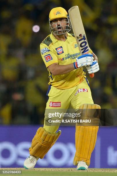 Chennai Super Kings' Mahendra Singh Dhoni plays a shot during the Indian Premier League Twenty20 cricket match between Chennai Super Kings and Mumbai...