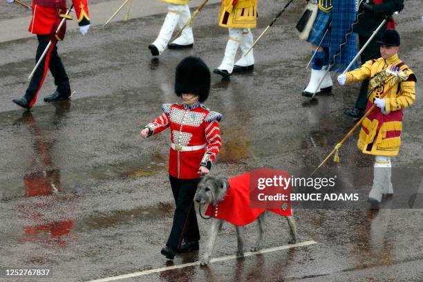 Irish Guards march with their Irish Wolfhound mascot in central London on May 6 following the coronations of Britain's King Charles III and Britain's...