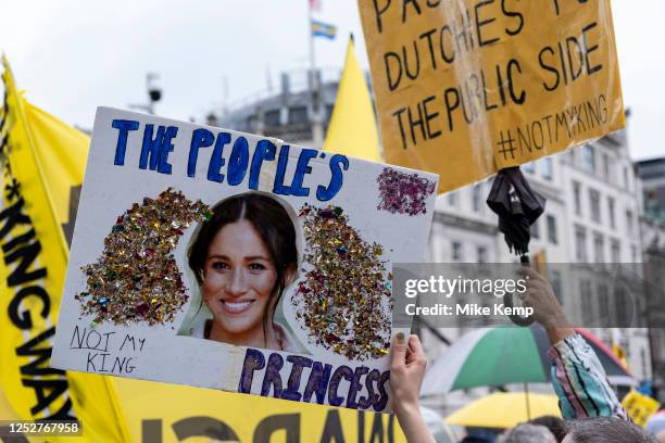 Placard featuring Meghan Markle, the Duchess of Sussex as the 'People's Princess' as anti-monarchists from the group Republic gather in central...