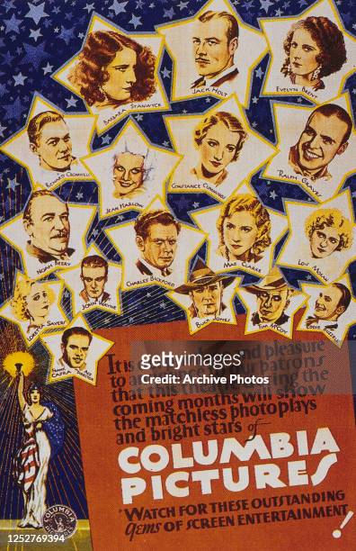 Poster publicising the stars of Columbia Pictures, circa 1930. The stars include Barbara Stanwyck, Jack Holt, Evelyn Brent, Richard Cromwell, Jean...