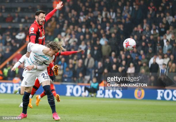 Chelsea's English midfielder Conor Gallagher scores his team's first goal during the English Premier League football match between Bournemouth and...