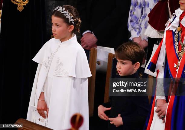 Princess Charlotte and Prince Louis at the coronation ceremony of King Charles III and Queen Camilla in Westminster Abbey on May 6, 2023 in London,...