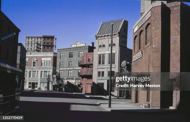 Backdrop of an old street is recreated in the Universal Studios backlot in Los Angeles, California, January 1970. The backdrop includes the Krause...