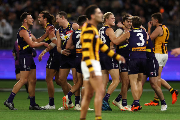 Jordan Clark of the Dockers celebrates after scoring a goal during the 2023 AFL Round 08 match between the Fremantle Dockers and the Hawthorn Hawks...