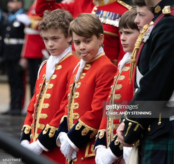 Page of Honour Prince George of Wales attends the coronations of Britain's King Charles III and Britain's Camilla, Queen Consort at Westminster...