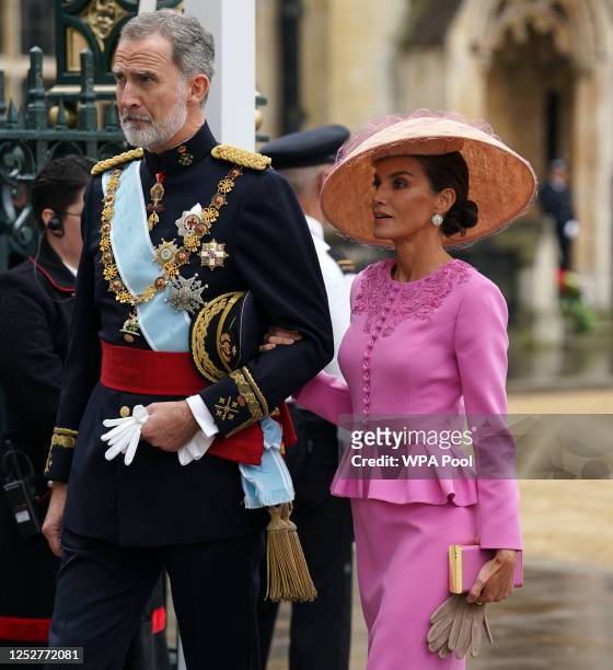 King Felipe VI and Queen Letizia of Spain arriving at Westminster Abbey ahead of the coronation ceremony of King Charles III and Queen Camilla on May...