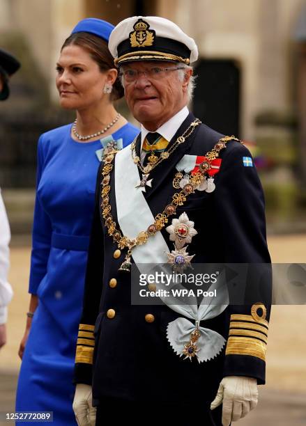 King of Sweden Carl Gustaf XVI with Crown Princess Victoria as they arrive at Westminster Abbey ahead of the coronation ceremony of King Charles III...