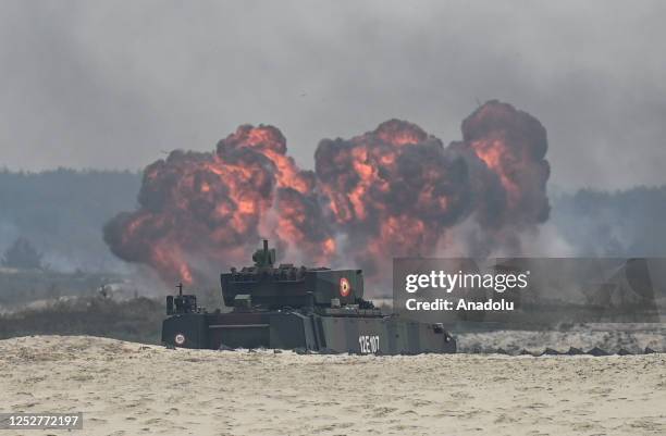 Romanian Army Piranha IIIH MRV is seen in action during a military high-intensity training session of Anaconda 23 at Nowa Deba training ground, on...