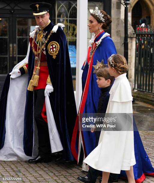 Prince William, Prince and Catherine, Princess of Wales with Princess Charlotte and Prince Louis arriving at Westminster Abbey ahead of the...