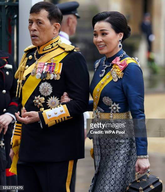 King Vajiralongkorn of Thailand and Queen Suthida arriving at Westminster Abbey ahead of the coronation ceremony of King Charles III and Queen...