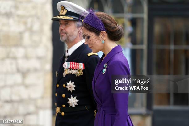 Crown Prince Frederik of Denmark and Crown Princess Mary arriving at Westminster Abbey ahead of the coronation ceremony of King Charles III and Queen...