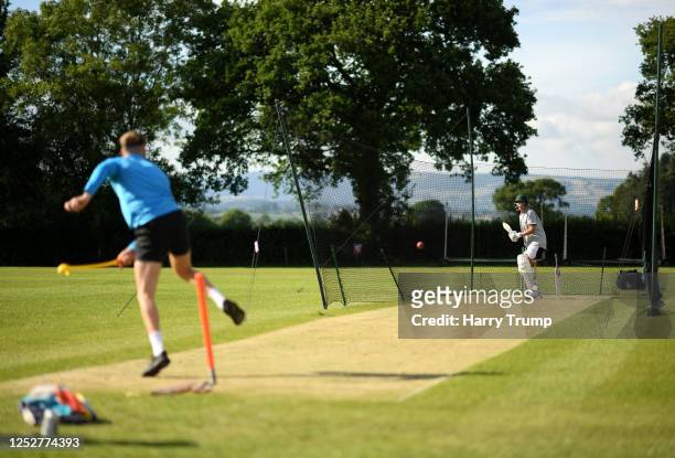 General view as Tom Welch of Blagdon Hill bowls to Russell Jennings of Blagdon Hill during a net session at Blagdon Hill Cricket Club on June 26,...