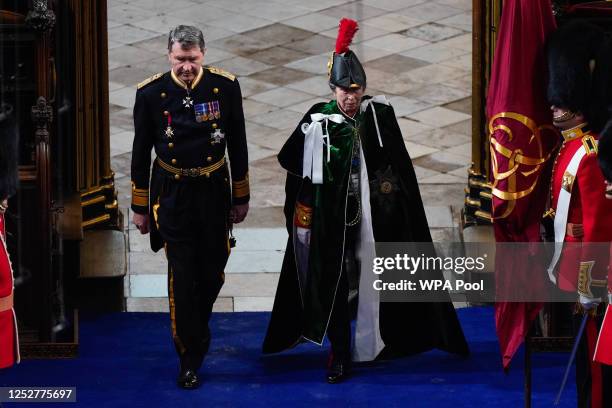 Vice Admiral Sir Timothy Laurence and Princess Anne, Princess Royal arrive for the coronation ceremony of King Charles III and Queen Camilla in...