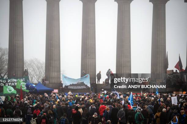 Members of the public attend a "Rally For A Republic - Not My King" anti-monarchy rally on Calton Hill in Edinburgh on May 6, 2023 following the...