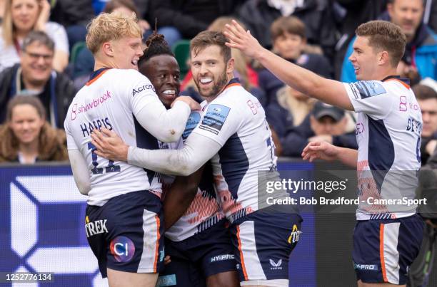 Saracens' Rotimi Segun celebrates scoring his sides first try during the Gallagher Premiership Rugby match between Bath Rugby and Saracens at...