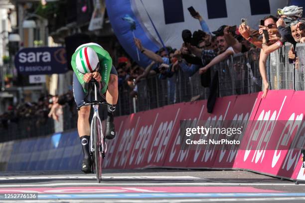 Filippo Ganna of Ineos Grenadiers team reacts after crossing the finish line during the 106th Giro d'Italia 2023, Stage 1 a 19.6km individual time...