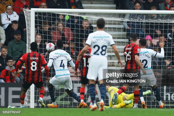 Chelsea's French defender Benoit Badiashile scores his team's second goal during the English Premier League football match between Bournemouth and...