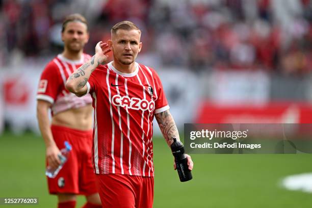 Jonathan Schmid of SC Freiburg gestures after the Bundesliga match between Sport-Club Freiburg and RB Leipzig at Europa-Park Stadion on May 6, 2023...