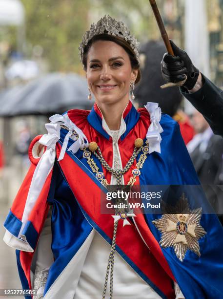 Catherine, Princess of Wales arrive for the Coronation of King Charles III and Queen Camilla at Westminster Abbey on May 6, 2023 in London, England....