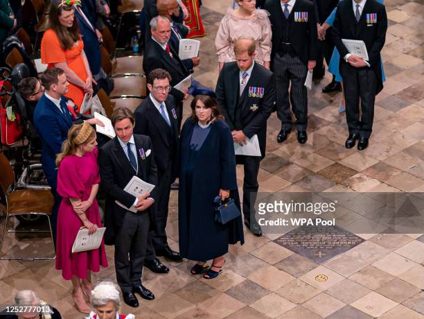 Princess Beatrice, Edoardo Mapelli Mozzi, Jack Brooksbank, Princess Eugenie, and the Duke of Sussex as they leave Westminster Abbey on May 6, 2023 in...