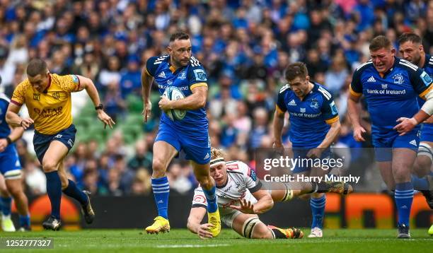 Dublin , Ireland - 6 May 2023; Dave Kearney of Leinster evades the tackle of Corne Rahl of Cell C Sharks during the United Rugby Championship...