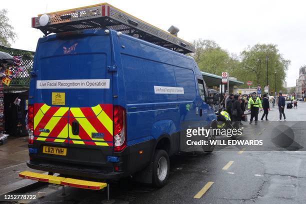 Van being used by the metropolitan police as part of their Facial Recognition operation is pictured close to the route of the 'King's Procession', a...