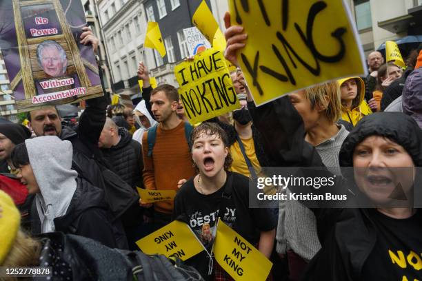 Anti-monarchy protest against the coronation of King Charles on the 6th of May 2023 in Central London, United Kingdom. Hundreds of protesters, many...