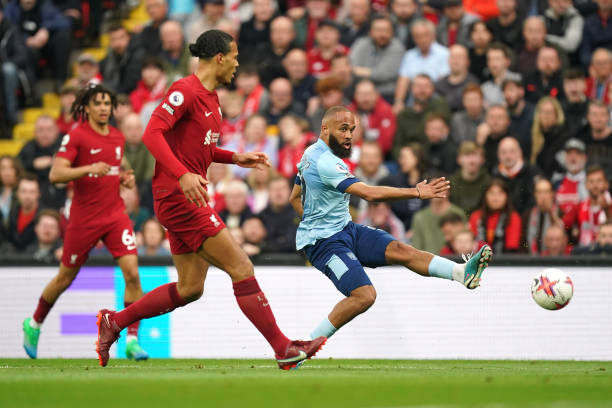 Brentford's Bryan Mbeumo attempts a shot on goal during the Premier League match at Anfield, Liverpool. Picture date: Saturday May 6, 2023.