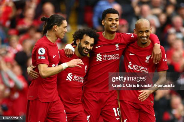 Mohamed Salah of Liverpool celebrates scoring a goal to make the score 1-0 with Darwin Nunez Cody Gapko & Fabinho during the Premier League match...