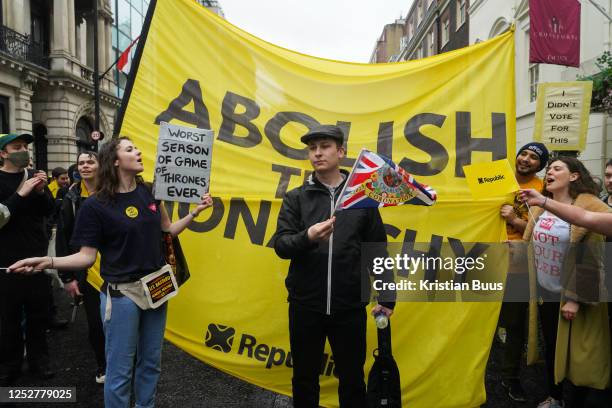 Anti-monarchy protest against the coronation of King Charles on the 6th of May 2023 in Central London, United Kingdom. Hundreds of protesters, many...