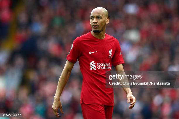 Fabinho of Liverpool in action during the Premier League match between Liverpool FC and Brentford FC at Anfield on May 6, 2023 in Liverpool, United...